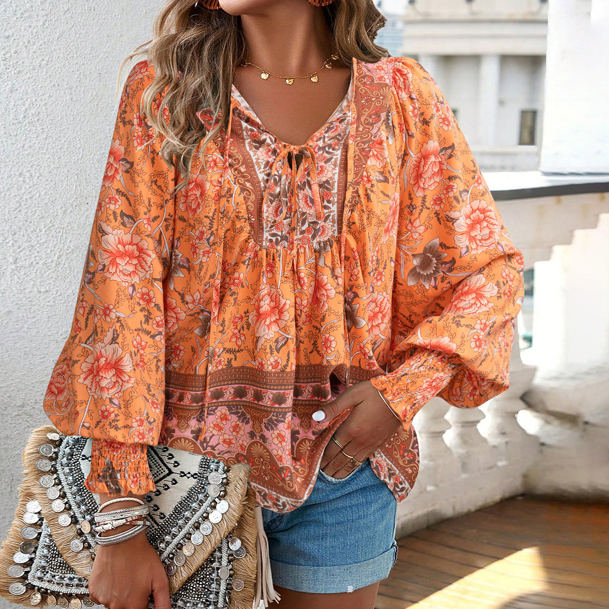 Boho Floral Print Tie-Neck Blouse