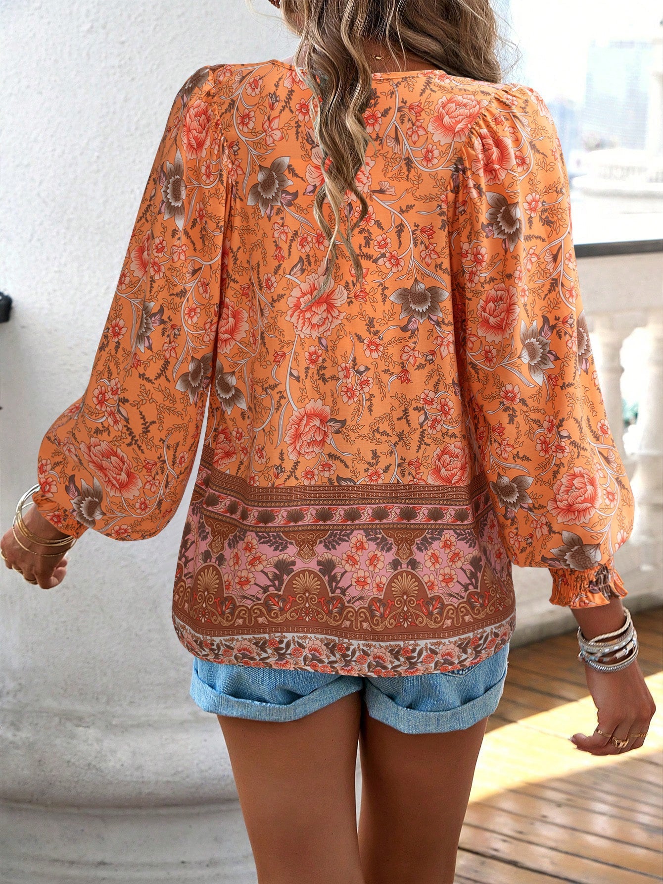 Boho Floral Print Tie-Neck Blouse