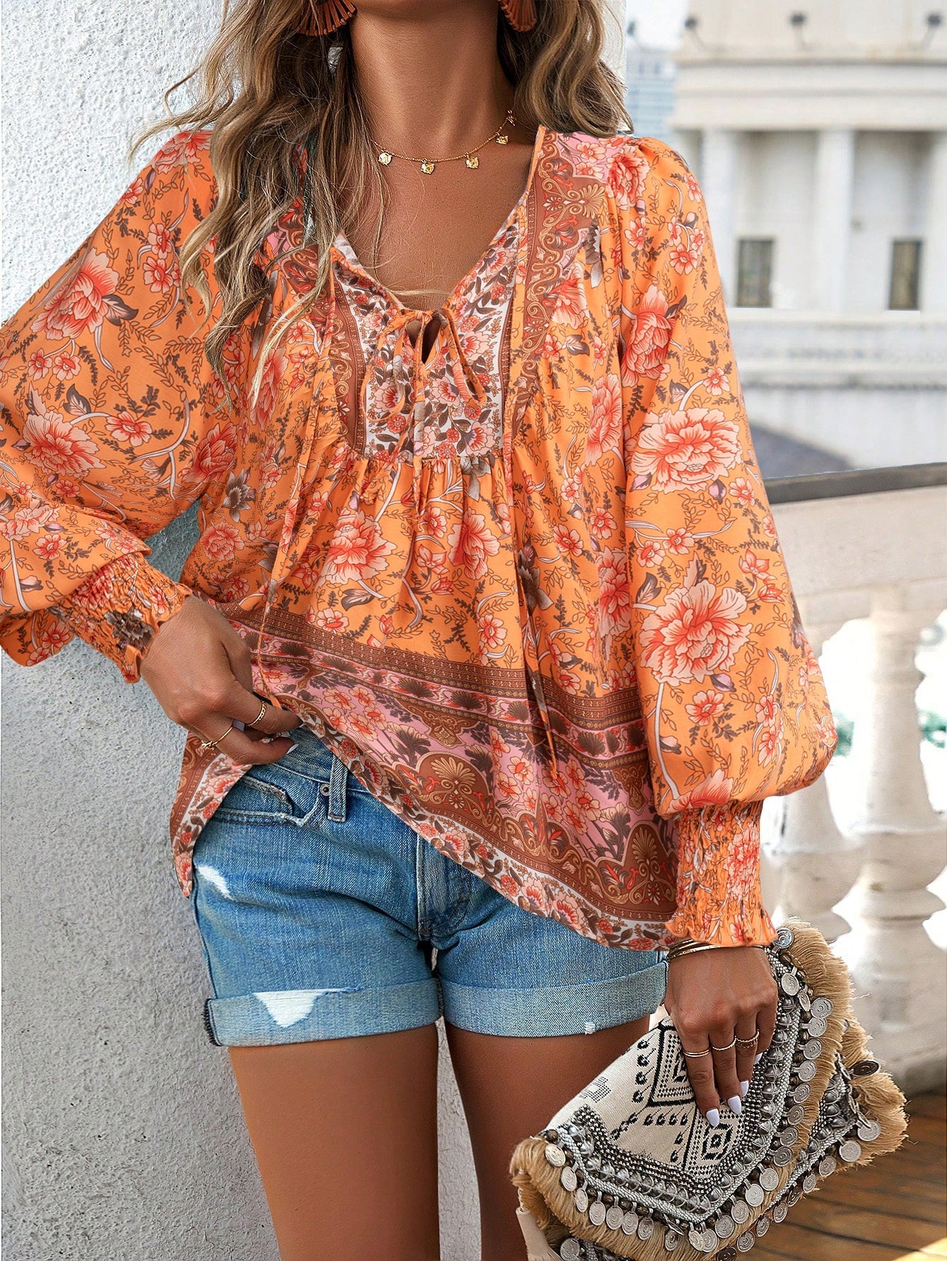 Boho Floral Print Tie-Neck Blouse