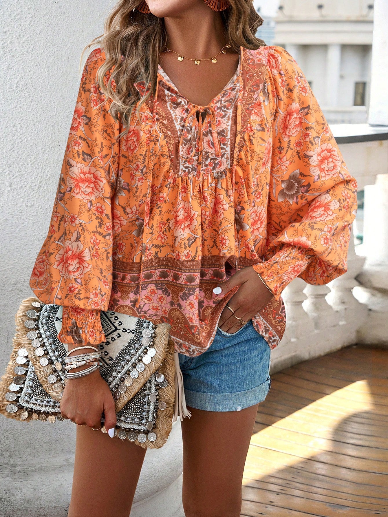 Boho Floral Print Tie-Neck Blouse