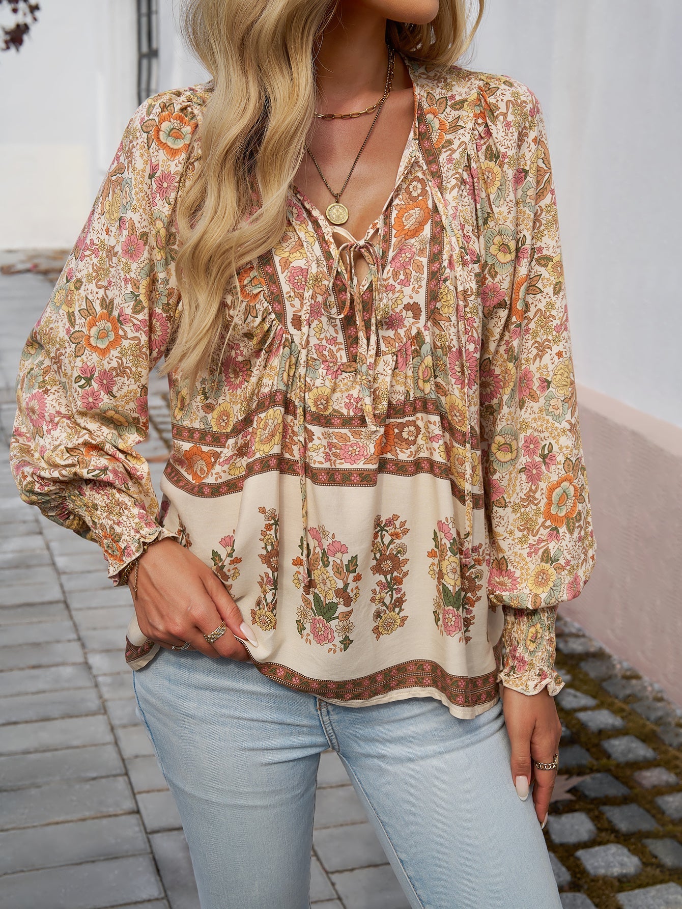 Boho Floral Print Tie-Neck Blouse