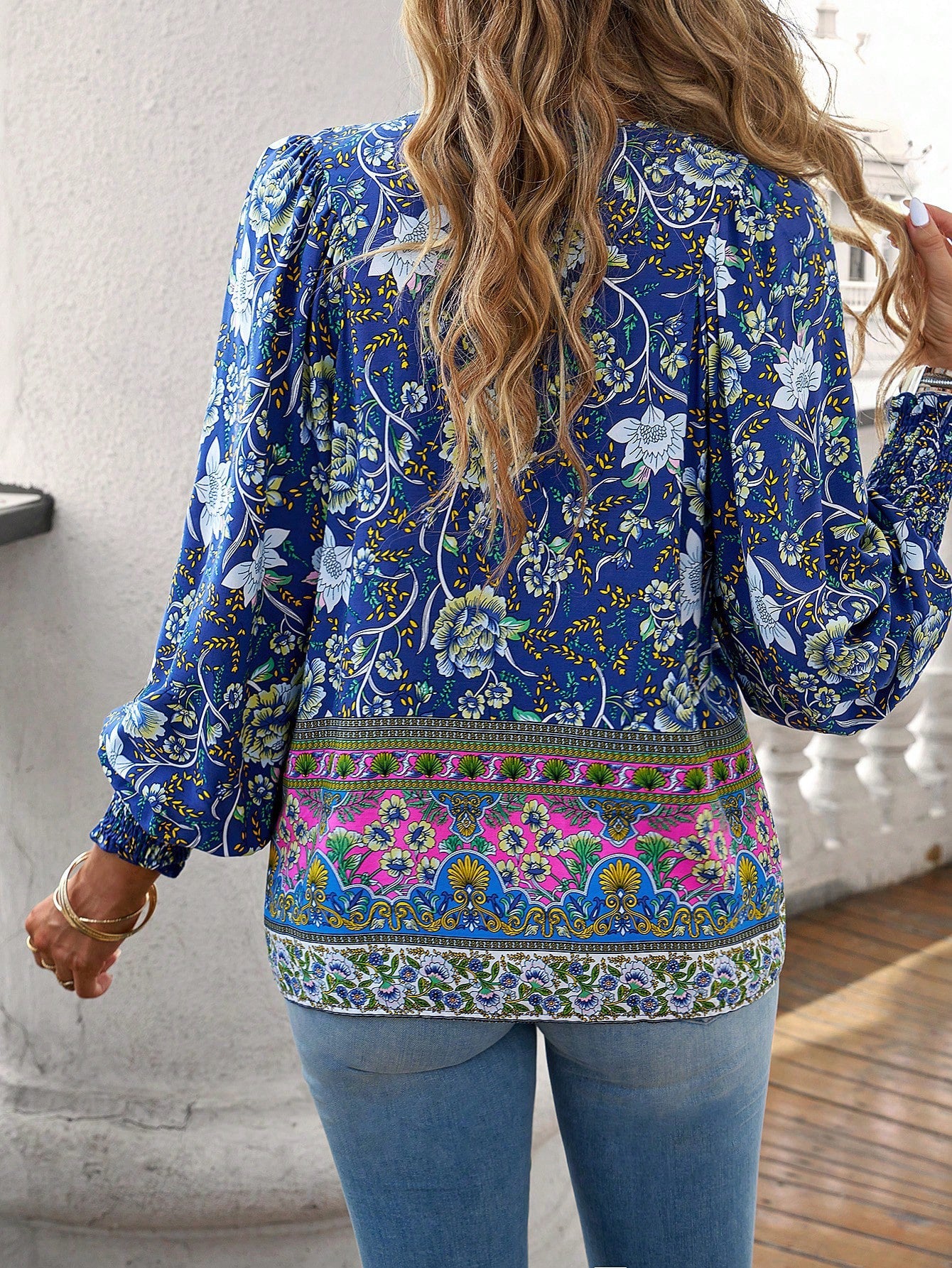 Boho Floral Print Tie-Neck Blouse