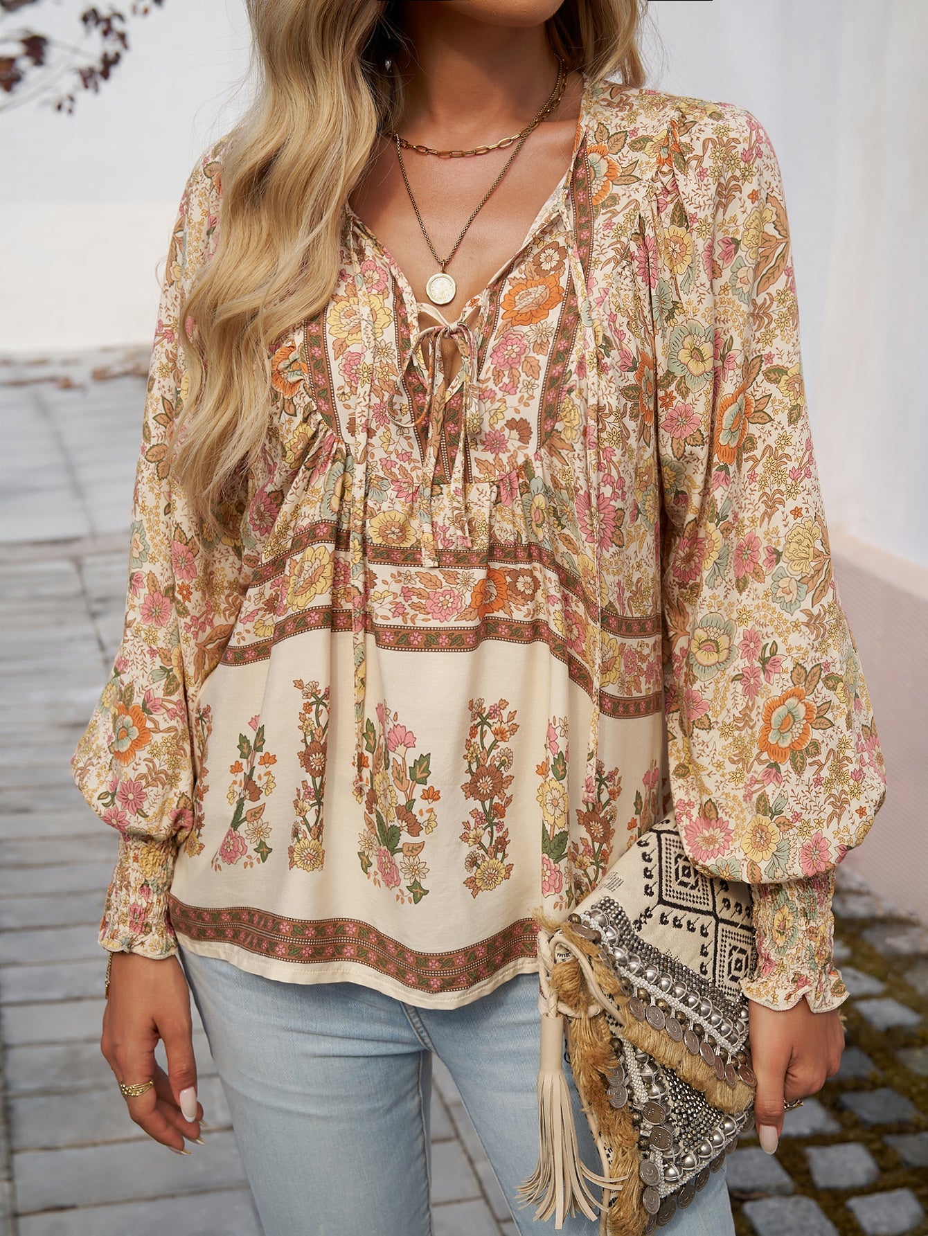 Boho Floral Print Tie-Neck Blouse