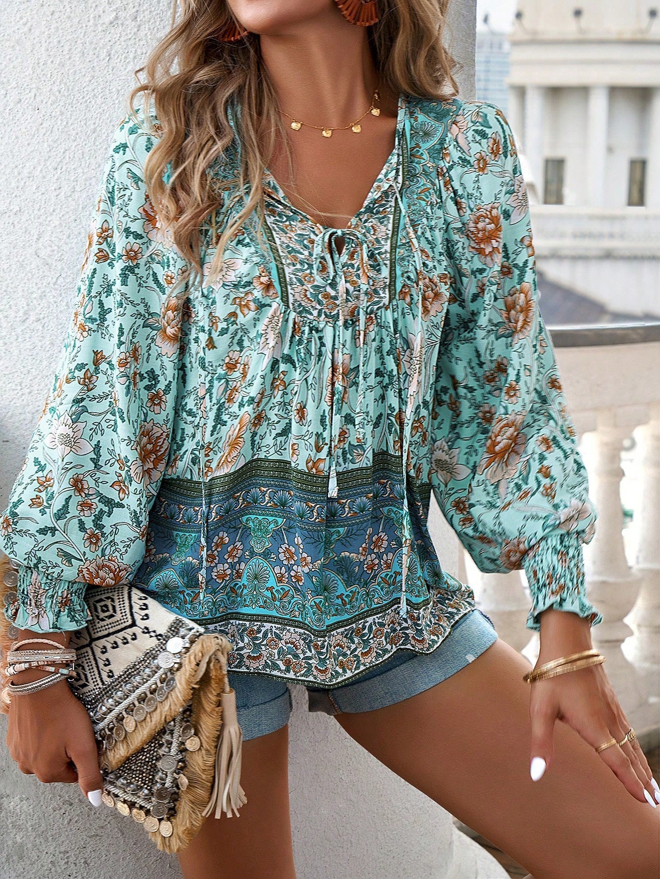 Boho Floral Print Tie-Neck Blouse