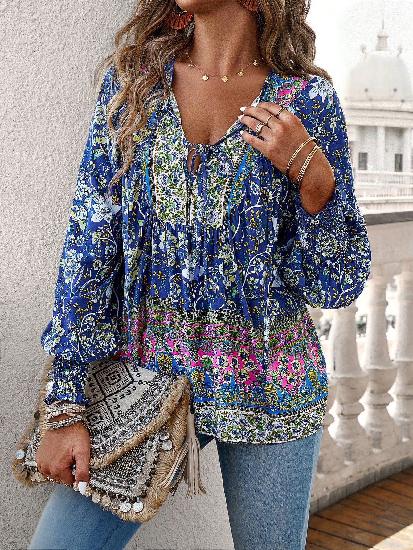 Boho Floral Print Tie-Neck Blouse