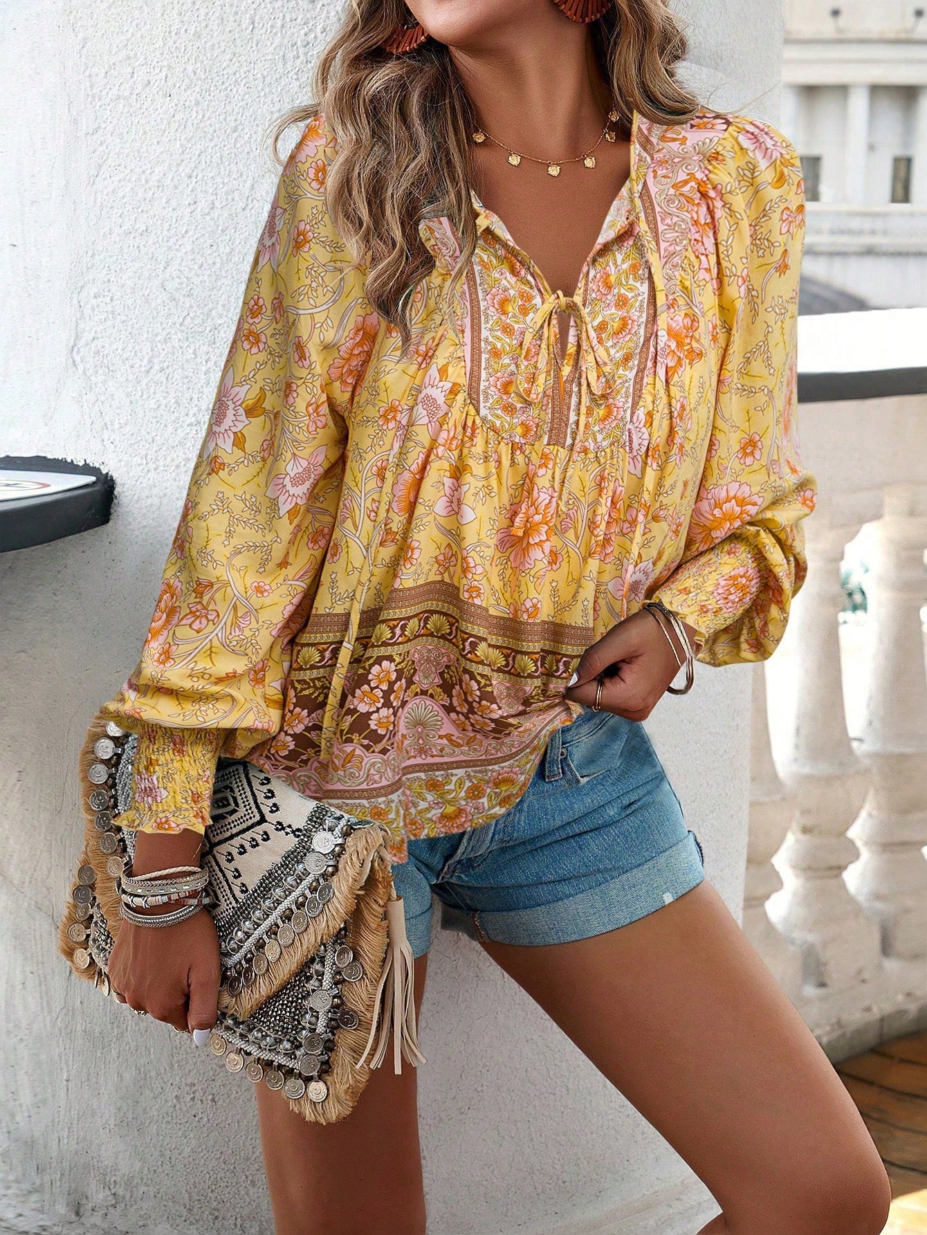 Boho Floral Print Tie-Neck Blouse