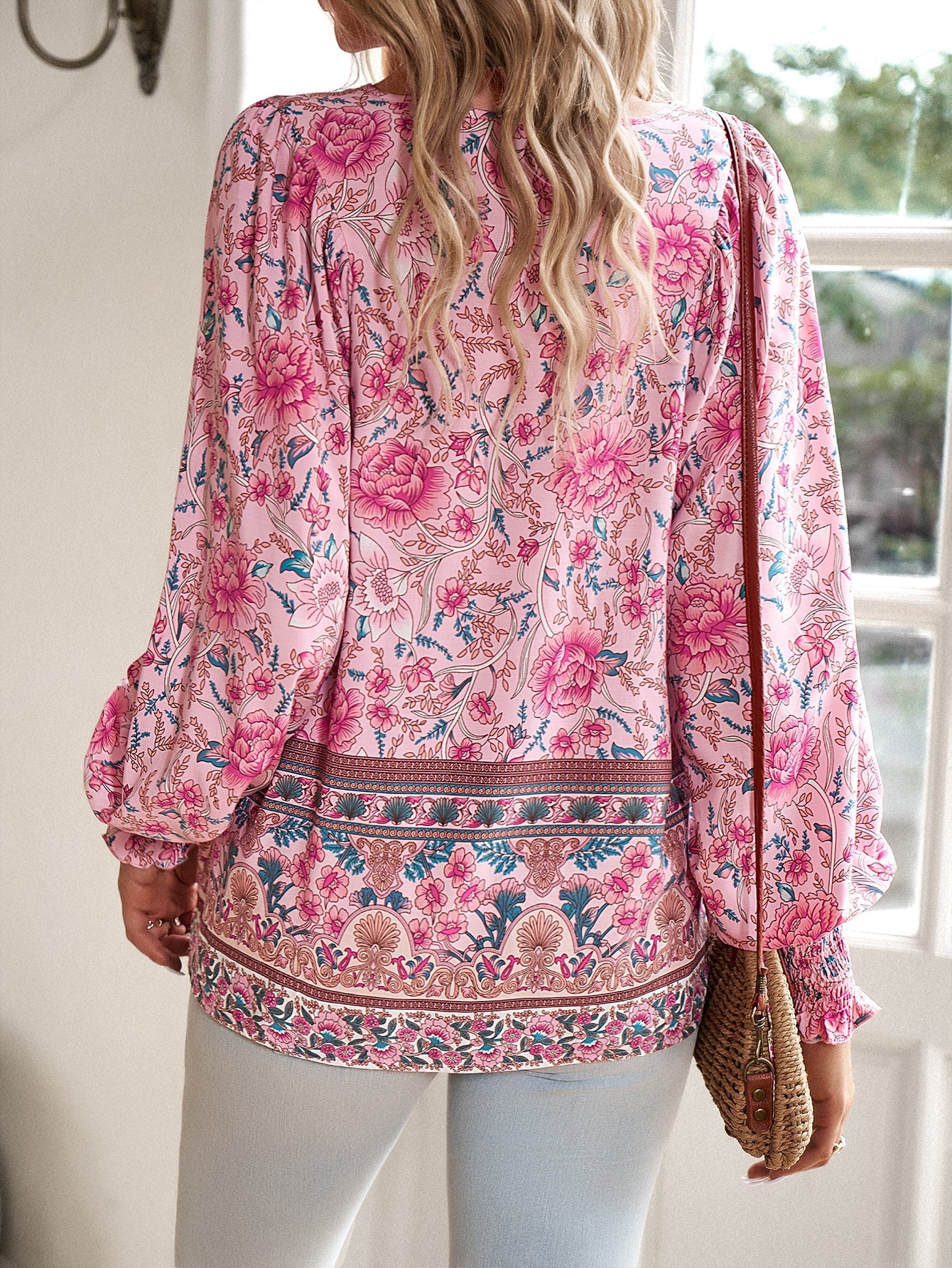 Boho Floral Print Tie-Neck Blouse