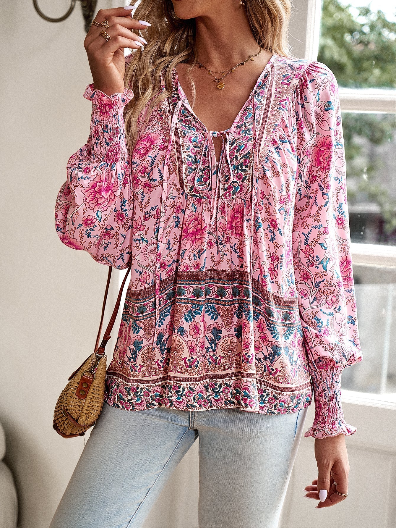 Boho Floral Print Tie-Neck Blouse