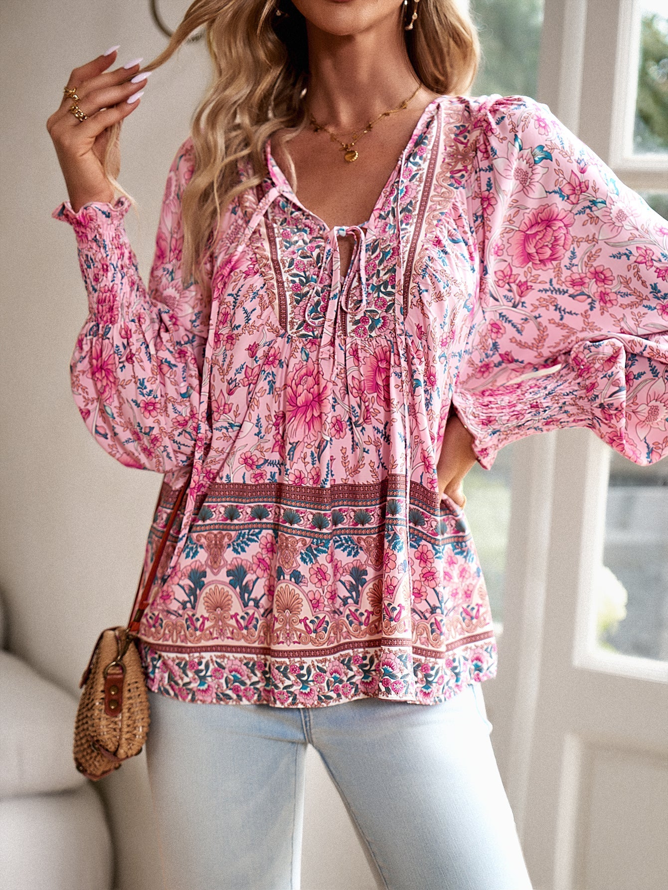Boho Floral Print Tie-Neck Blouse