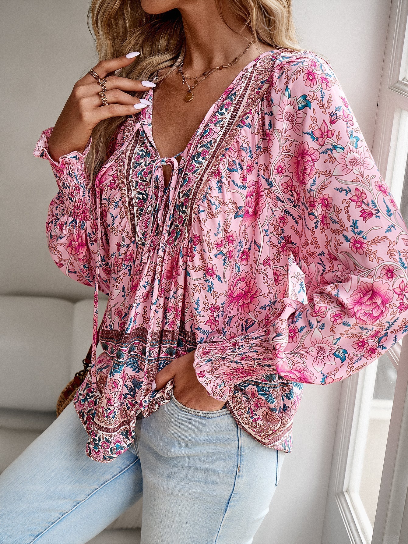 Boho Floral Print Tie-Neck Blouse