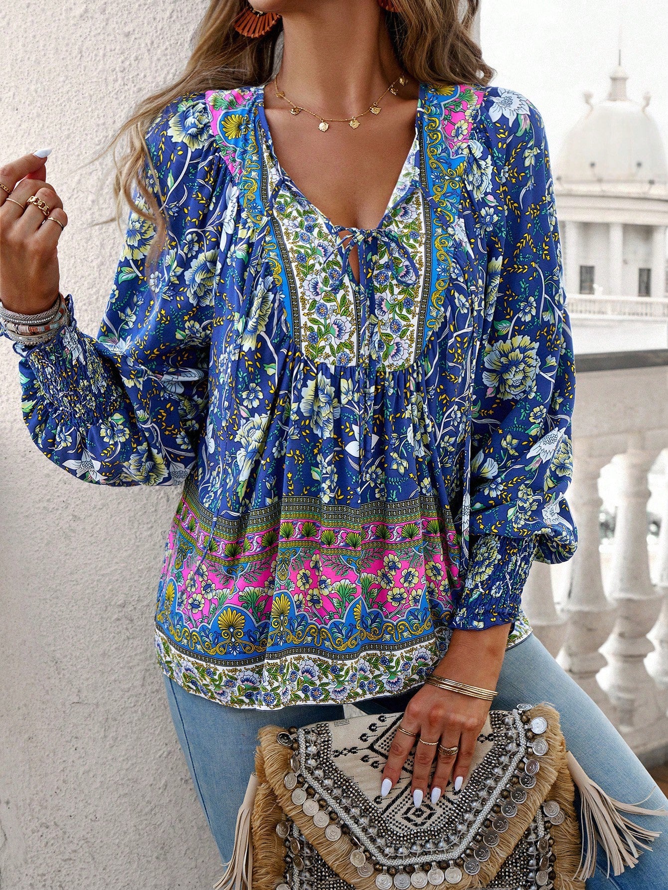 Boho Floral Print Tie-Neck Blouse