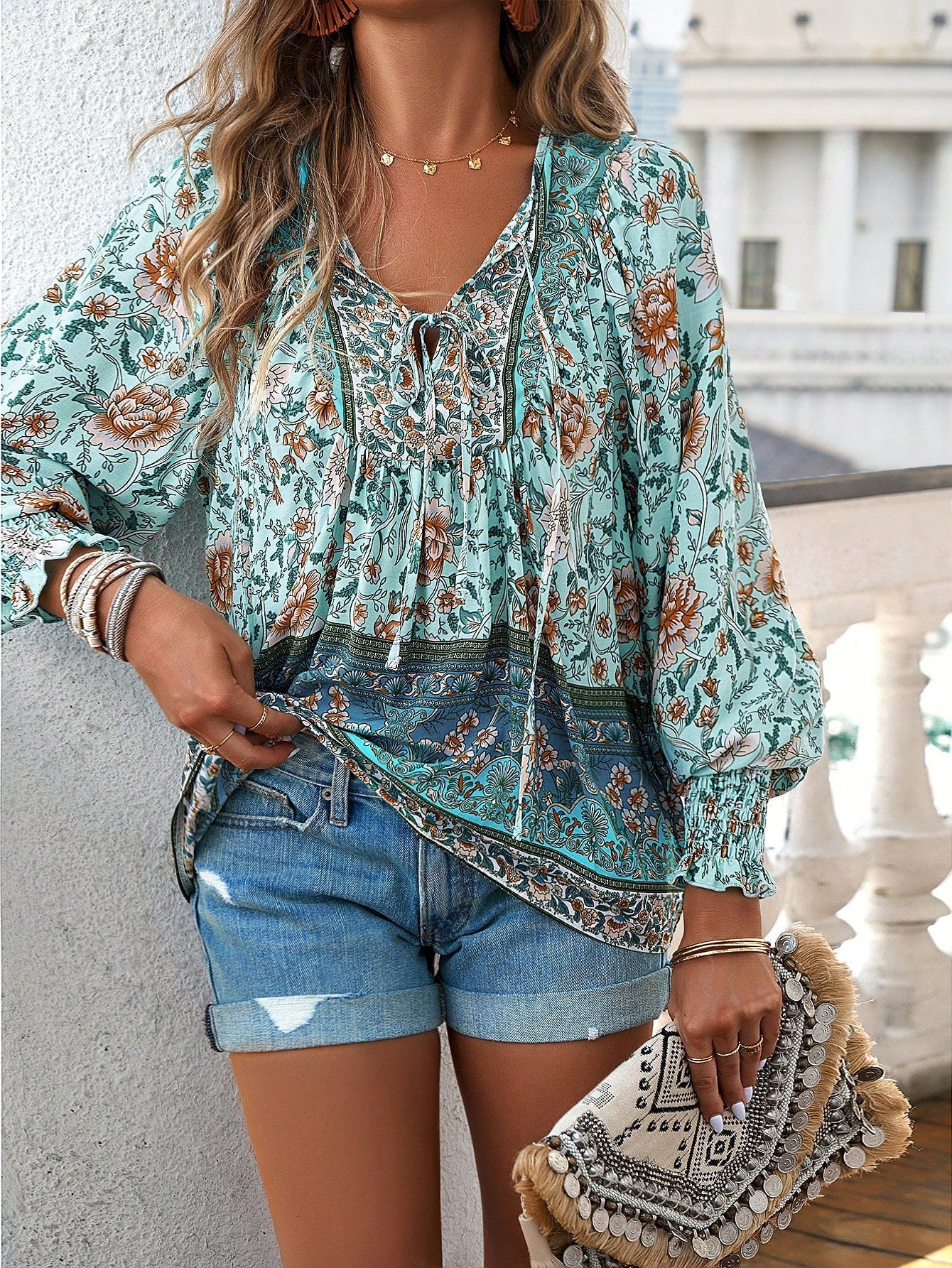 Boho Floral Print Tie-Neck Blouse