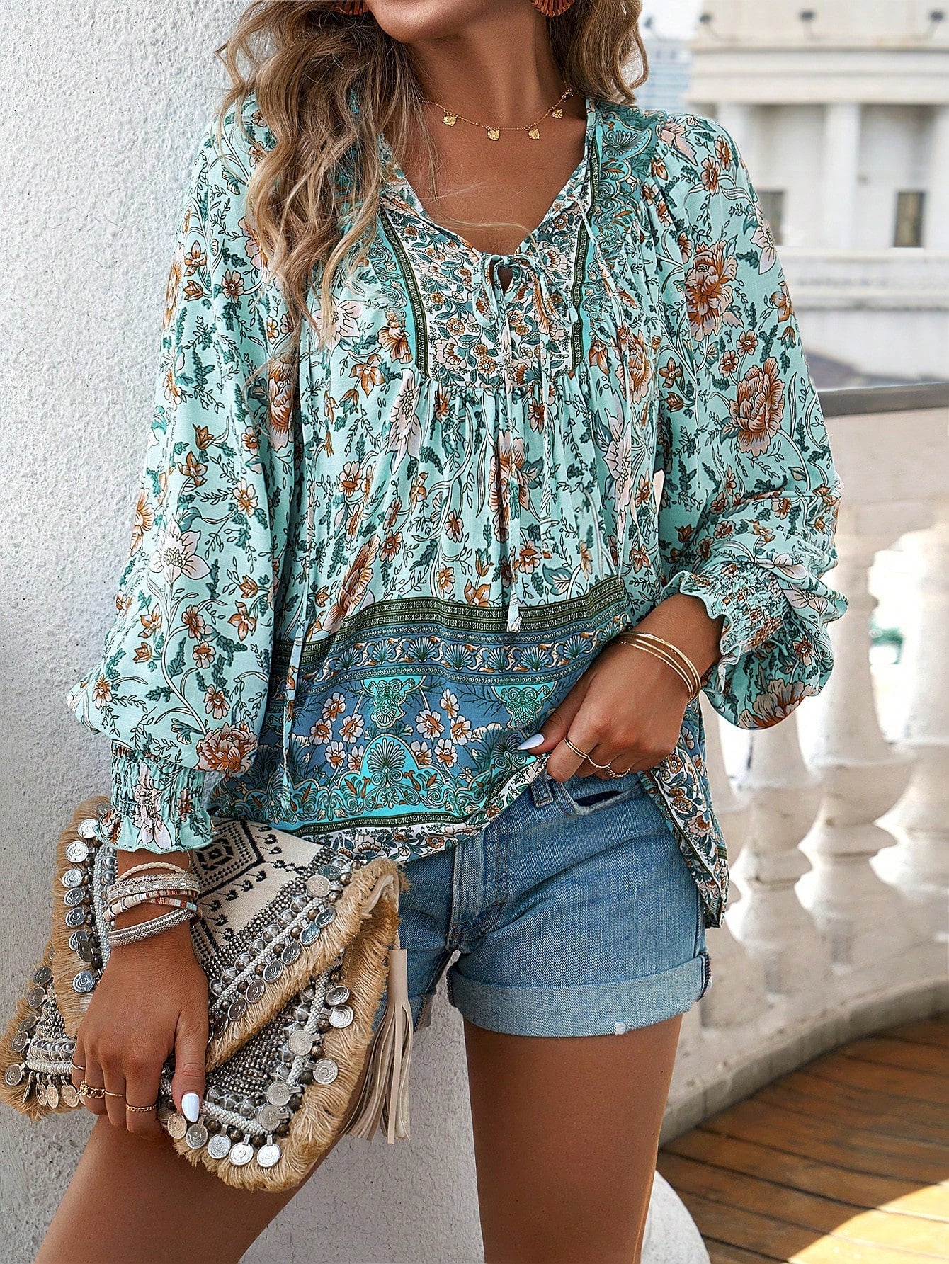 Boho Floral Print Tie-Neck Blouse
