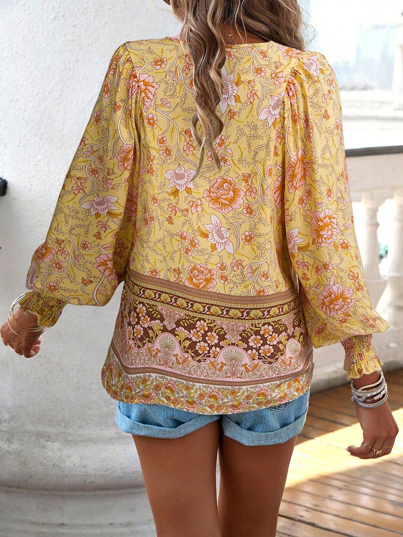 Boho Floral Print Tie-Neck Blouse