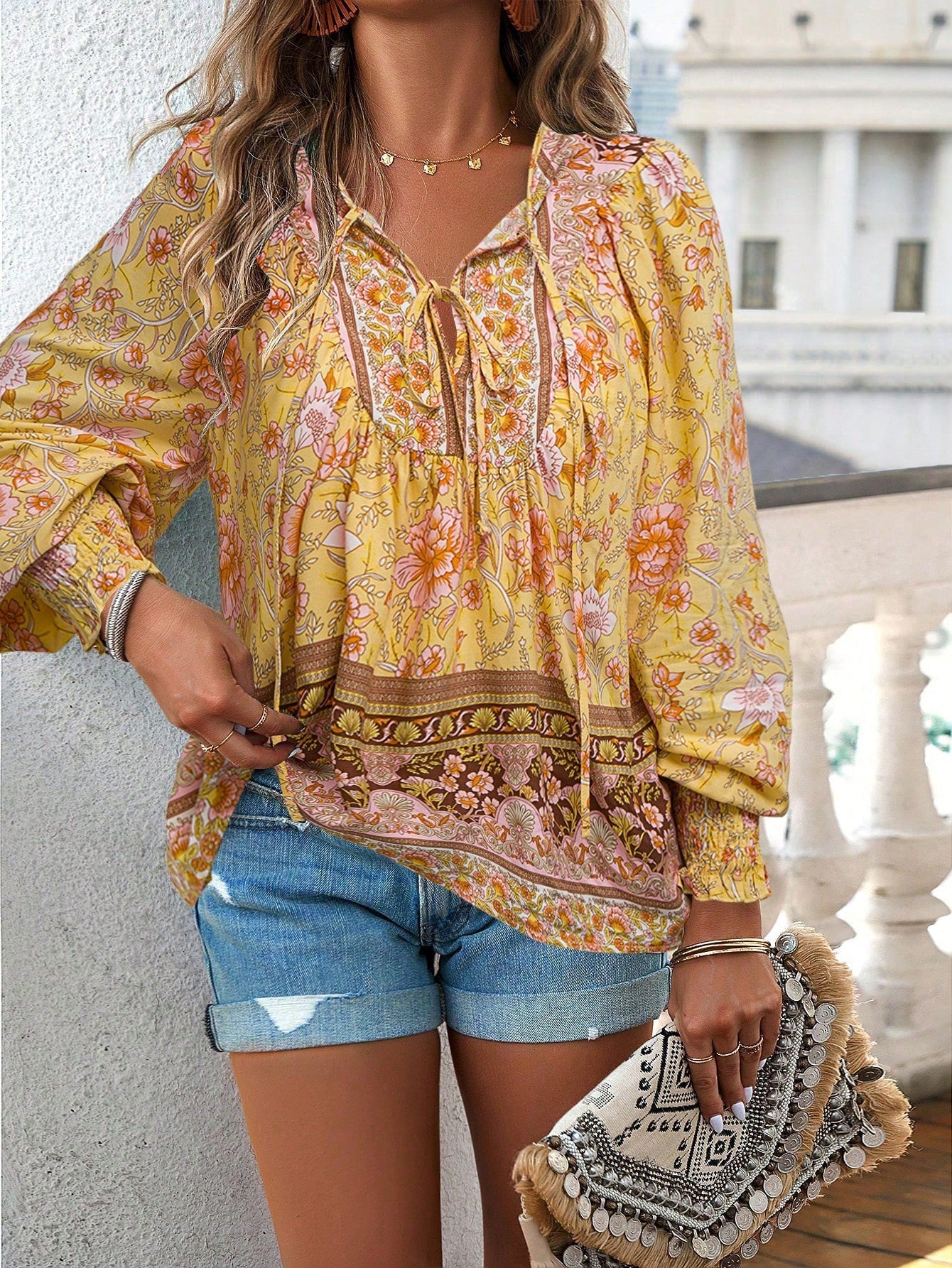 Boho Floral Print Tie-Neck Blouse