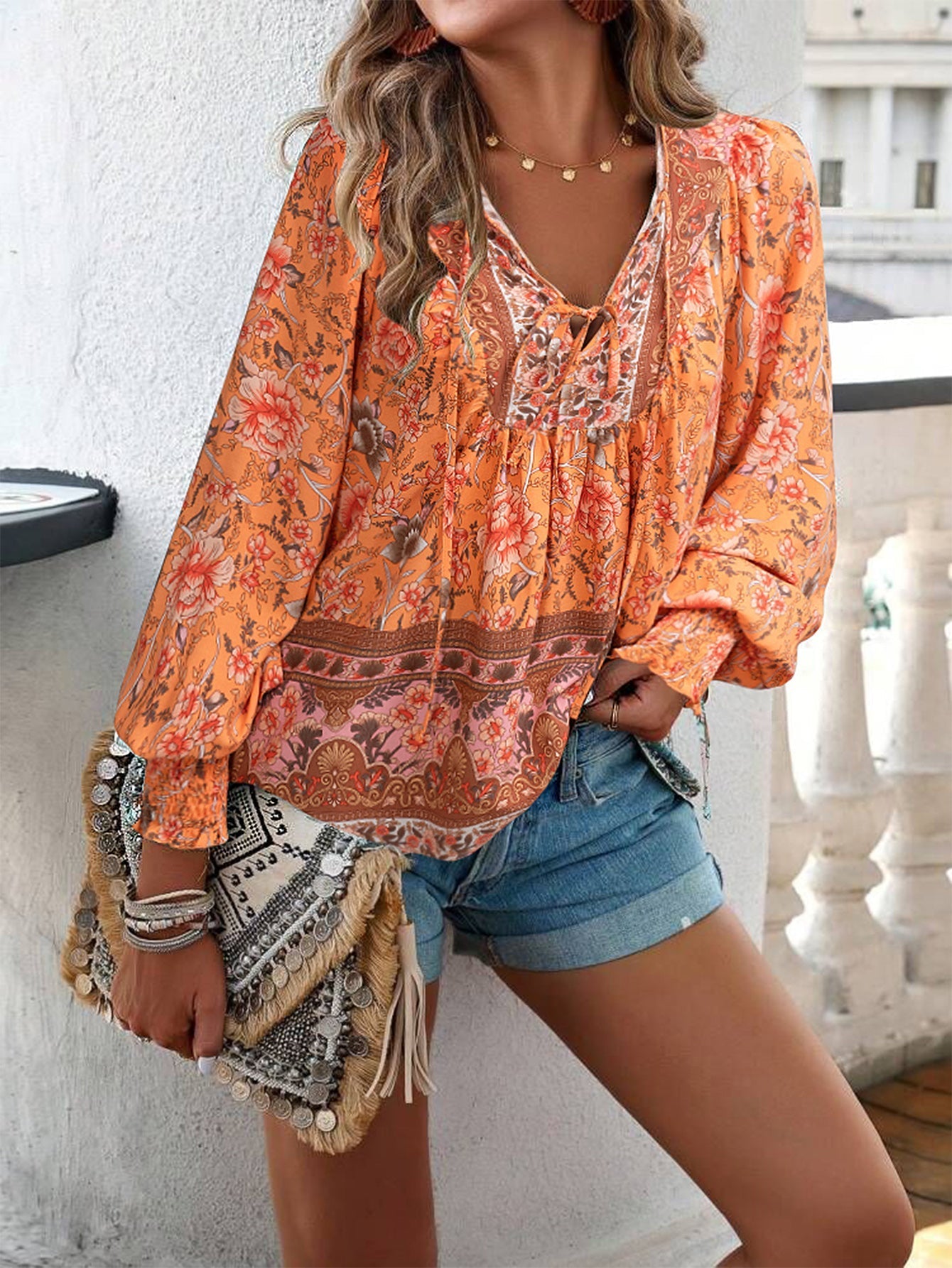Boho Floral Print Tie-Neck Blouse