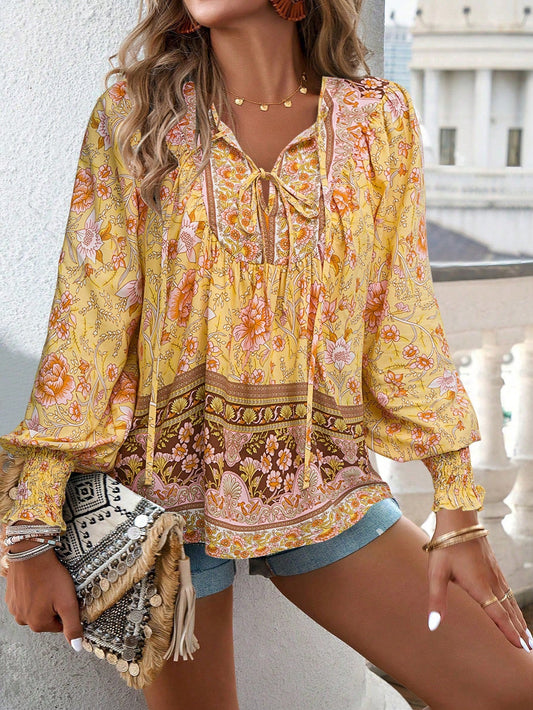 Boho Floral Print Tie-Neck Blouse