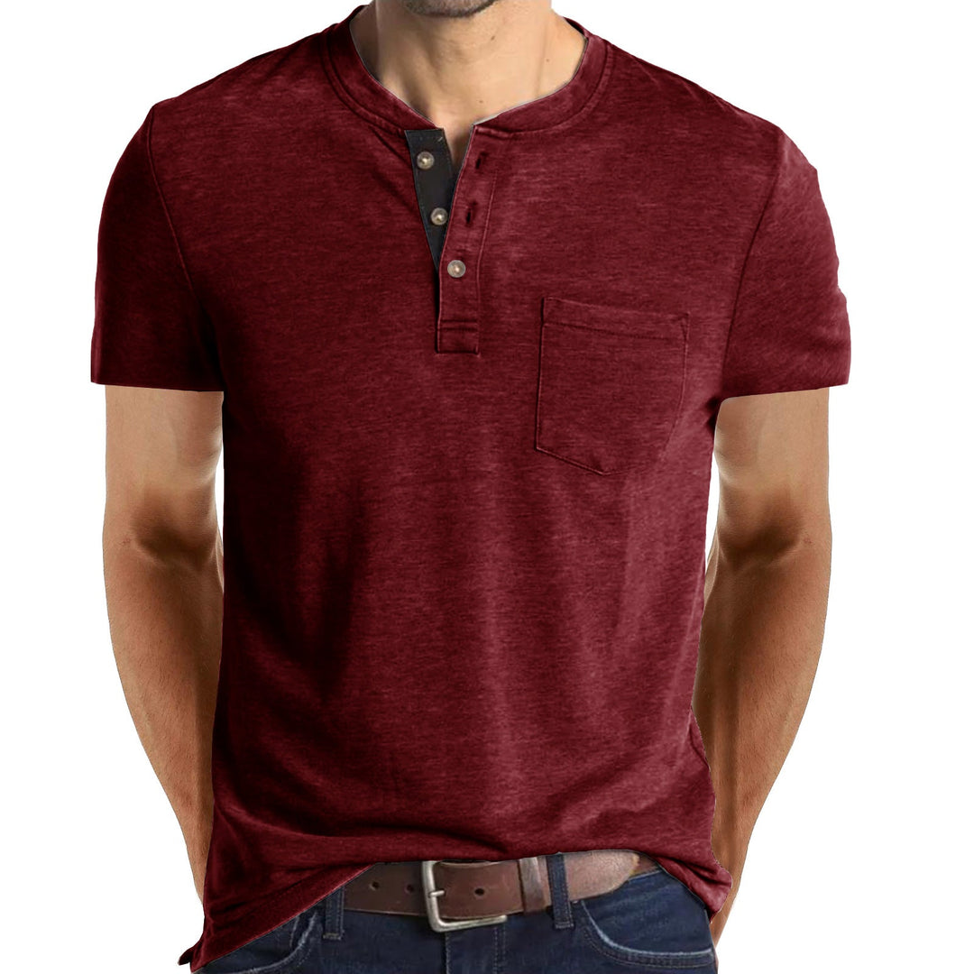 Camiseta Henley Casual de Manga Corta con Bolsillo para Hombre