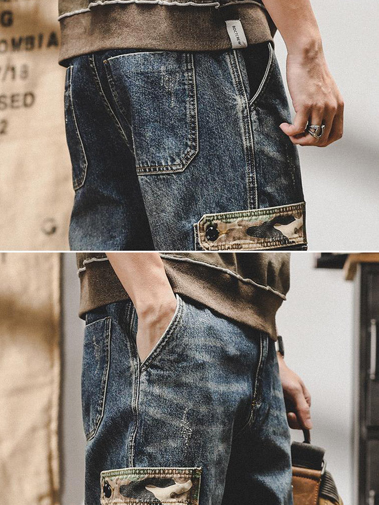 Vaqueros cargo vintage para hombre con bolsillos de camuflaje y corte holgado