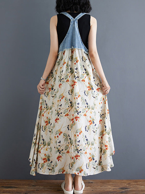Vestido largo de mezclilla con estampado de acuarela y patchwork