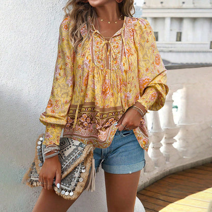 Boho Floral Print Tie-Neck Blouse