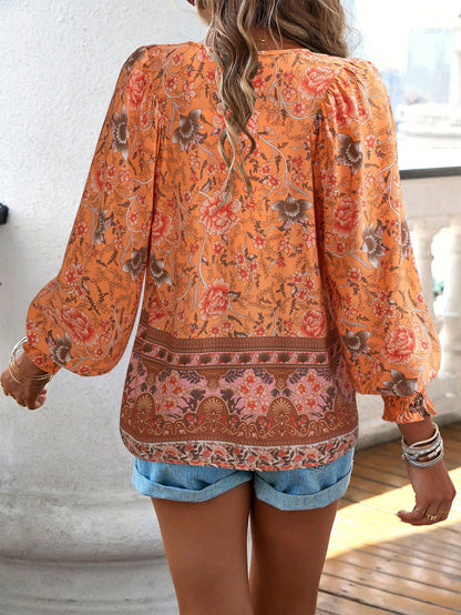Boho Floral Print Tie-Neck Blouse