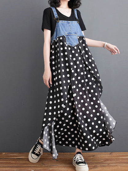 Abito salopette lungo in denim patchwork con stampa acquerello