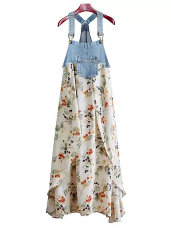 Vestido largo de mezclilla con estampado de acuarela y patchwork