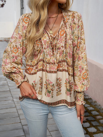 Boho Floral Print Tie-Neck Blouse
