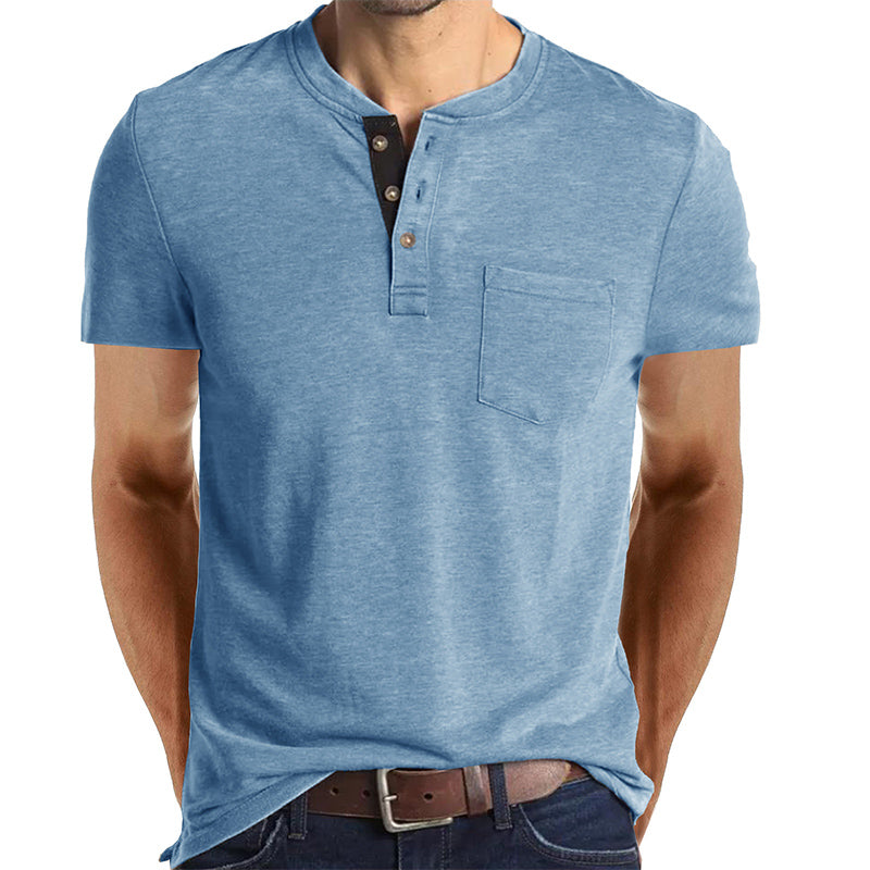 Camiseta Henley Casual de Manga Corta con Bolsillo para Hombre