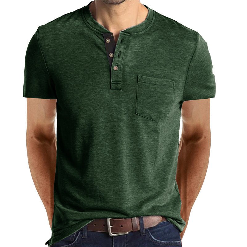 Camiseta Henley Casual de Manga Corta con Bolsillo para Hombre