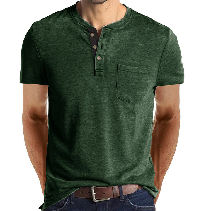 Camiseta Henley Casual de Manga Corta con Bolsillo para Hombre