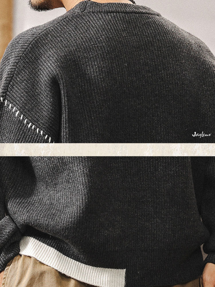 Maglione in maglia da uomo a girocollo, vestibilità ampia con dettagli a cuciture a contrasto