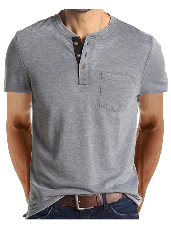 Camiseta Henley Casual de Manga Corta con Bolsillo para Hombre