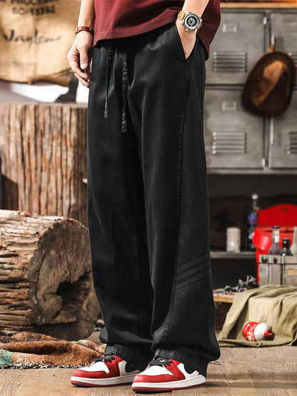 Pantalones casuales de pierna ancha con cordón ajustable y mezcla de algodón y lyocell para hombre
