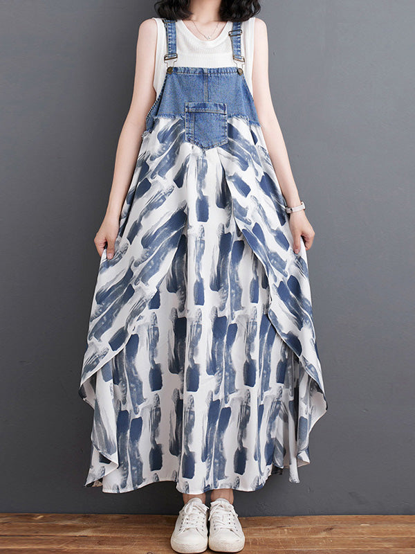 Vestido largo de mezclilla con estampado de acuarela y patchwork