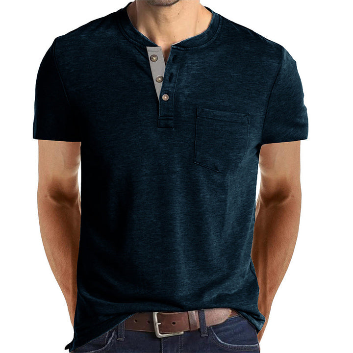 Camiseta Henley Casual de Manga Corta con Bolsillo para Hombre