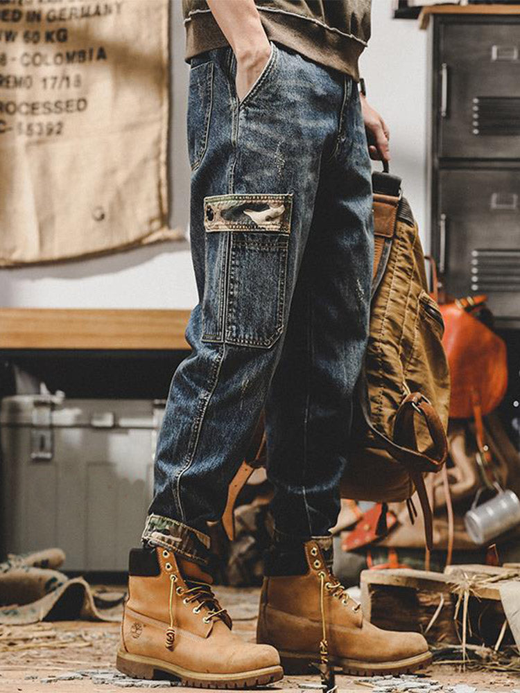 Vaqueros cargo vintage para hombre con bolsillos de camuflaje y corte holgado