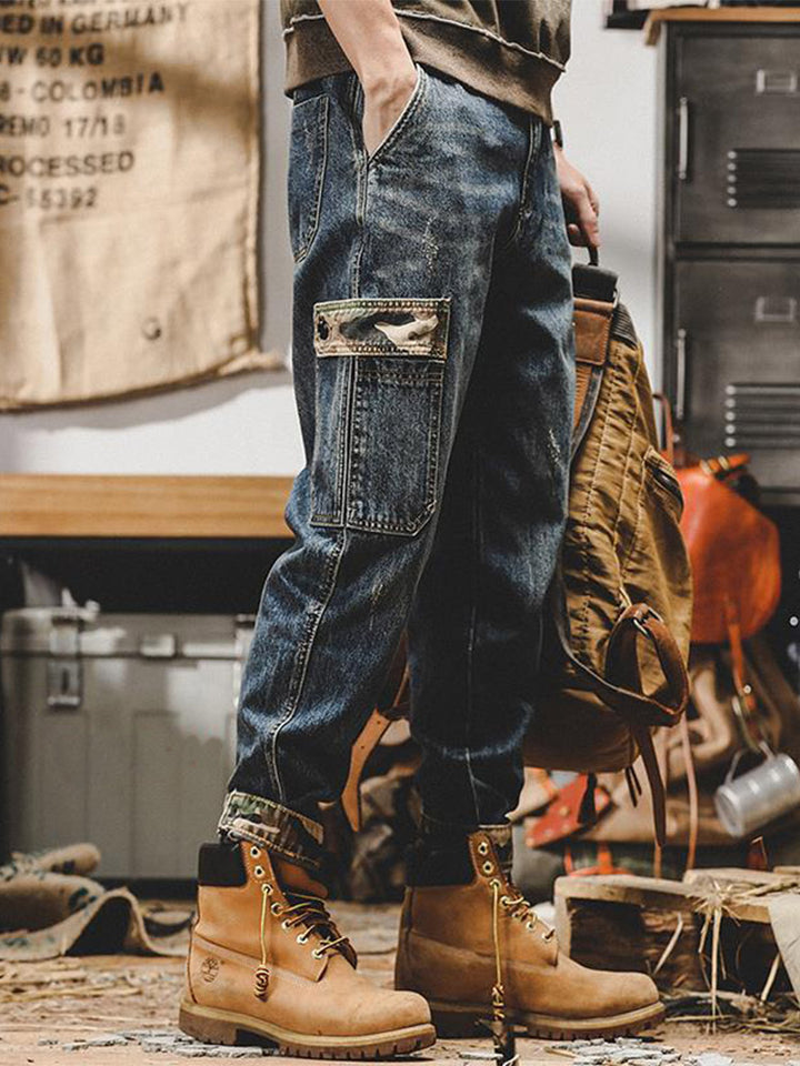 Vaqueros cargo vintage para hombre con bolsillos de camuflaje y corte holgado