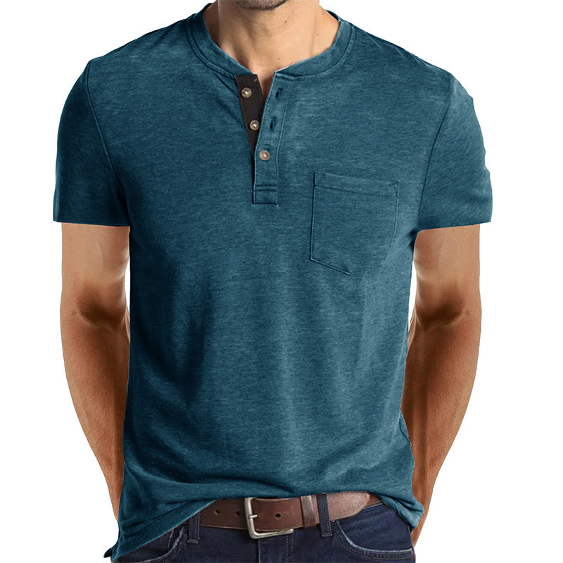 Camiseta Henley Casual de Manga Corta con Bolsillo para Hombre