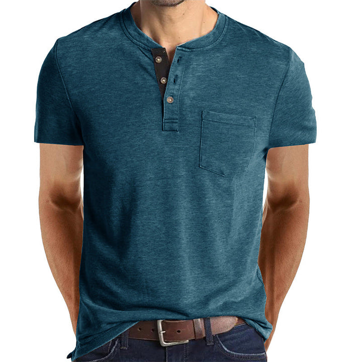 Camiseta Henley Casual de Manga Corta con Bolsillo para Hombre