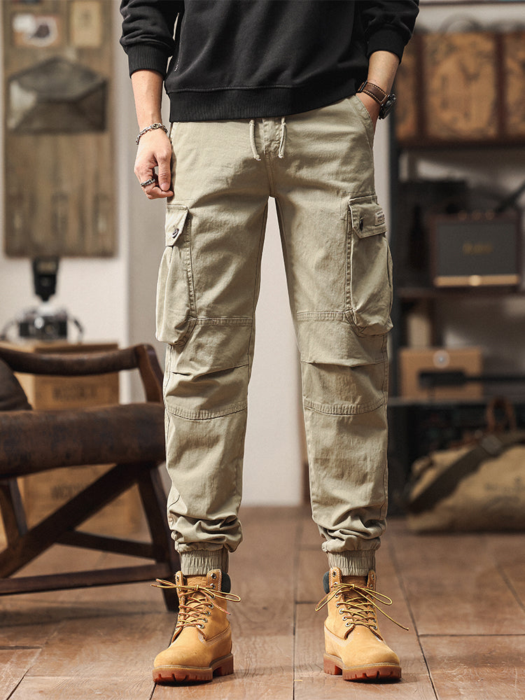 Pantaloni cargo jogger da uomo in stile vintage con tasche multiple e bottoni