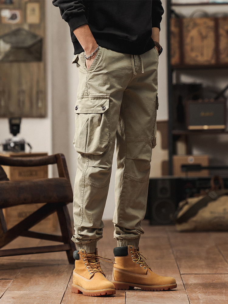 Pantaloni cargo jogger da uomo in stile vintage con tasche multiple e bottoni