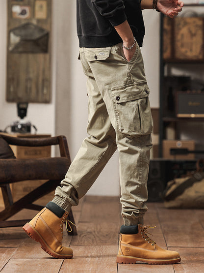 Pantaloni cargo jogger da uomo in stile vintage con tasche multiple e bottoni