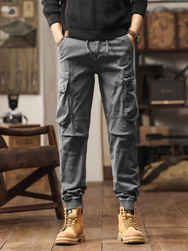 Pantaloni cargo jogger da uomo in stile vintage con tasche multiple e bottoni
