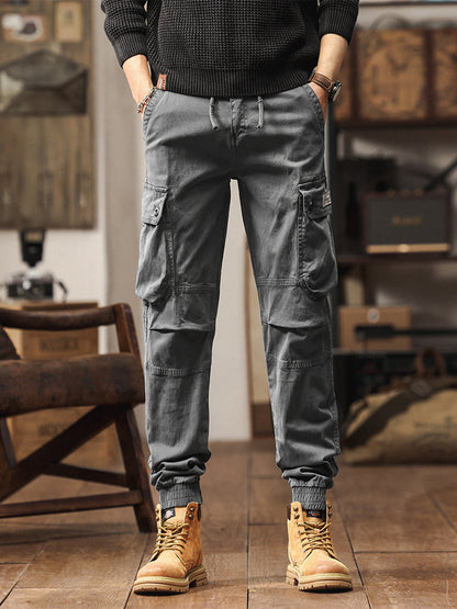 Pantaloni cargo jogger da uomo in stile vintage con tasche multiple e bottoni
