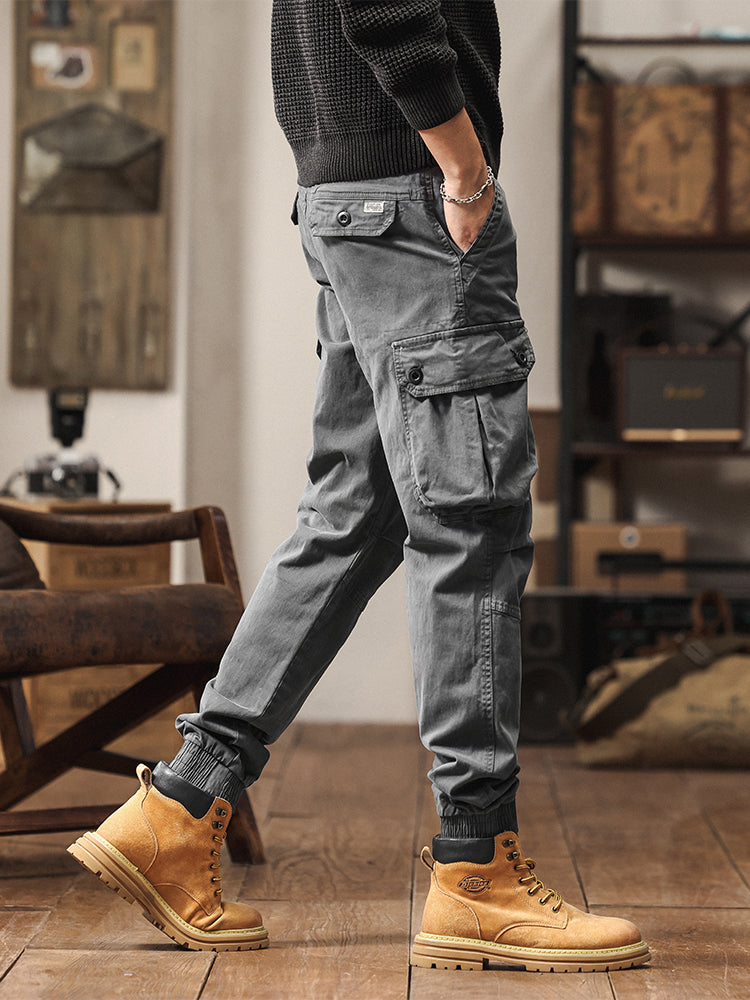 Pantaloni cargo jogger da uomo in stile vintage con tasche multiple e bottoni