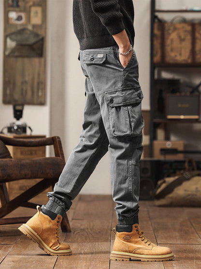 Pantaloni cargo jogger da uomo in stile vintage con tasche multiple e bottoni