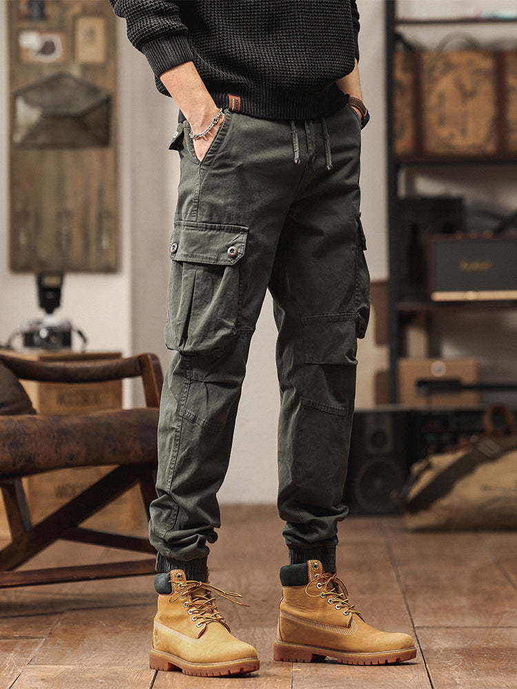Pantaloni cargo jogger da uomo in stile vintage con tasche multiple e bottoni