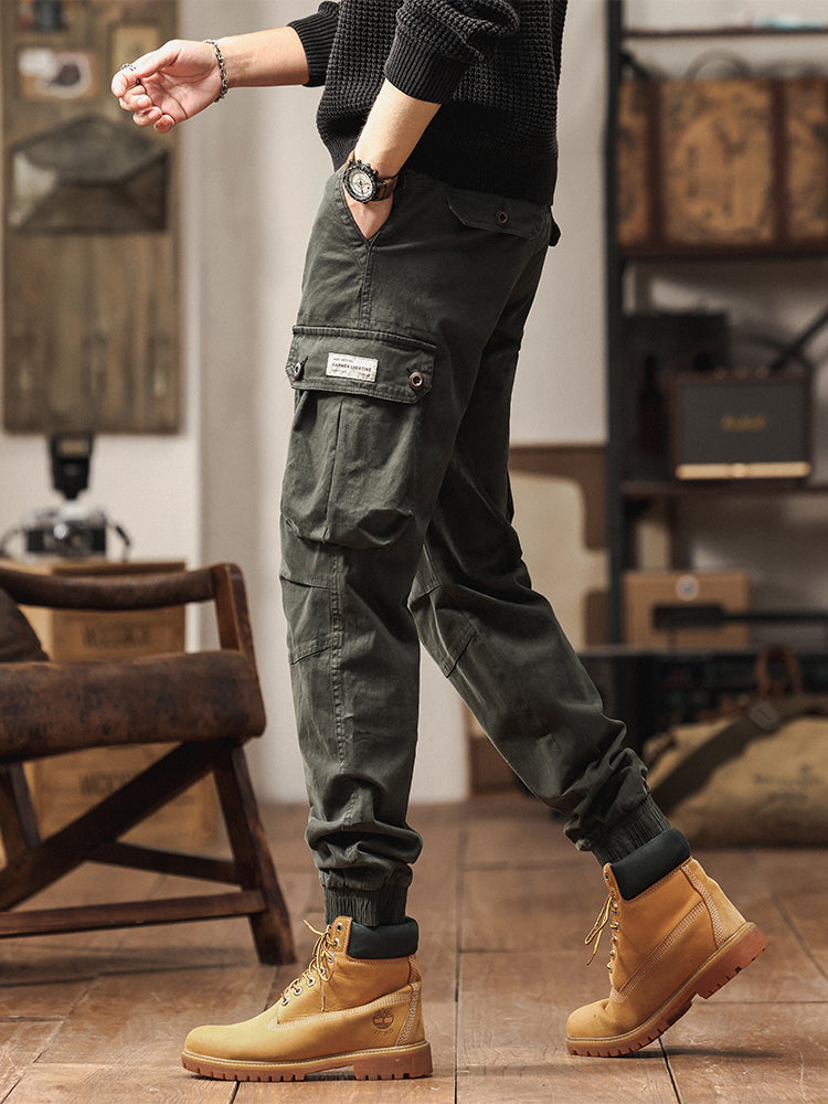 Pantaloni cargo jogger da uomo in stile vintage con tasche multiple e bottoni